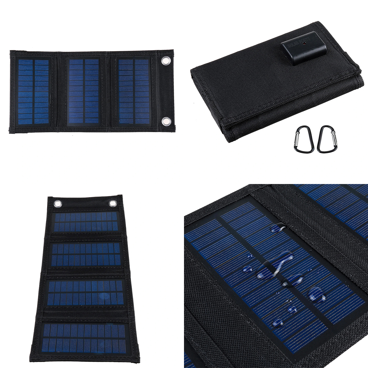 Faltbares Solarpanel-Set, mehrere Ansichten. Schwarz mit blauen Solarzellen und Karabiner.