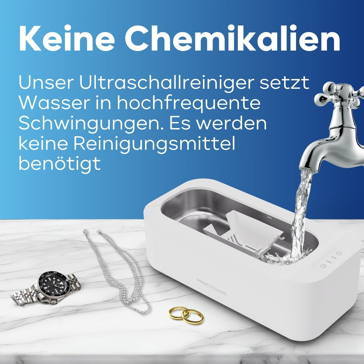 Biała myjka ultradźwiękowa z biżuterią i kranem nalewającym wodę. Tekst mówi, że nie są potrzebne żadne chemikalia.
