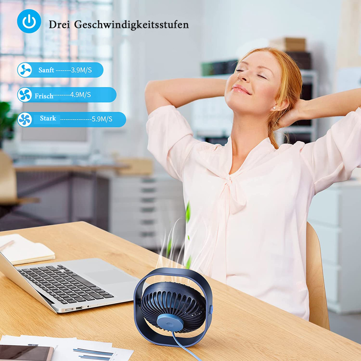 Eine Frau sitzt an einem Schreibtisch, ein Ventilator bläst sie an, darüber Text über Geschwindigkeitseinstellungen.