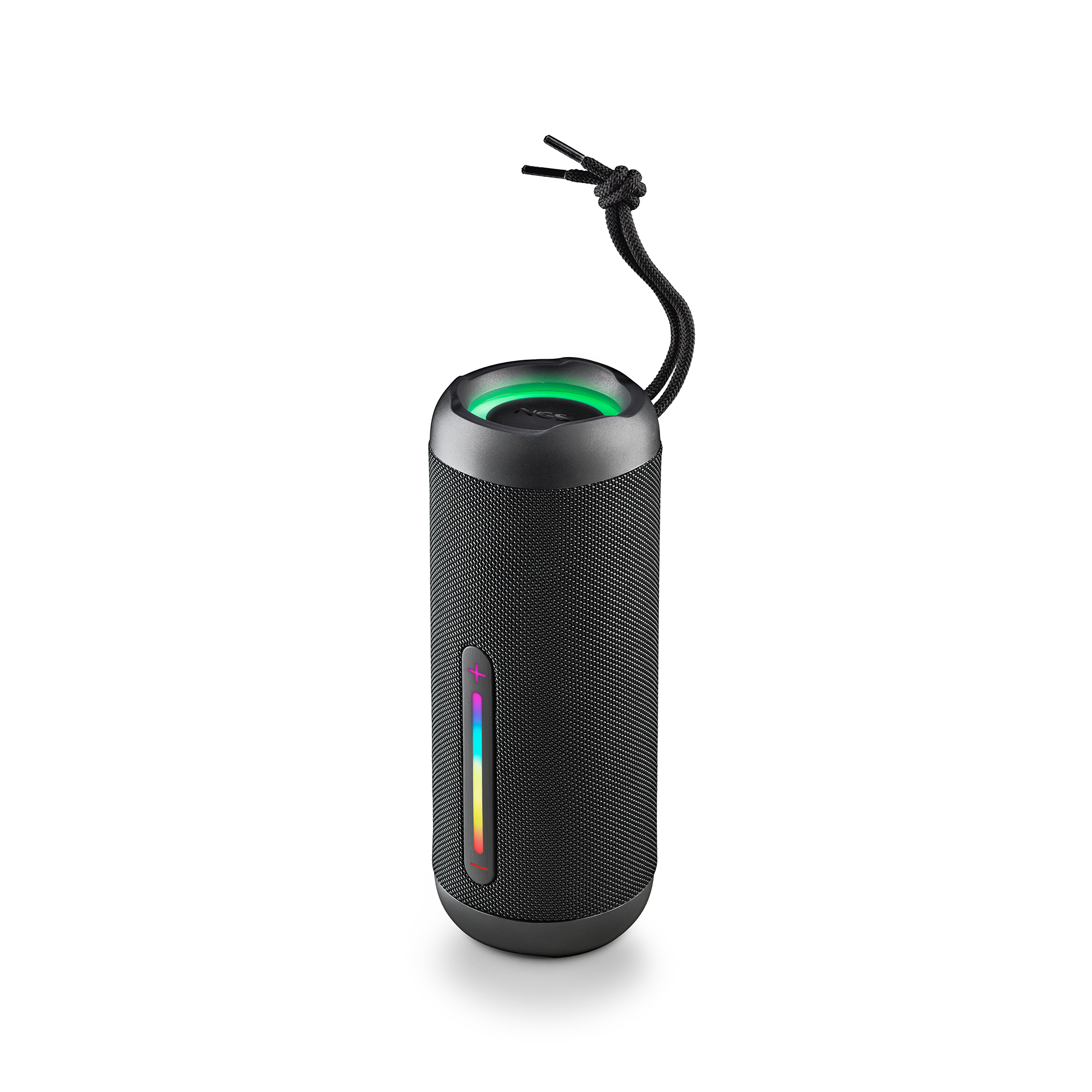 Altoparlante cilindrico nero con cavo nero. Luci verdi e multicolore sull'altoparlante.