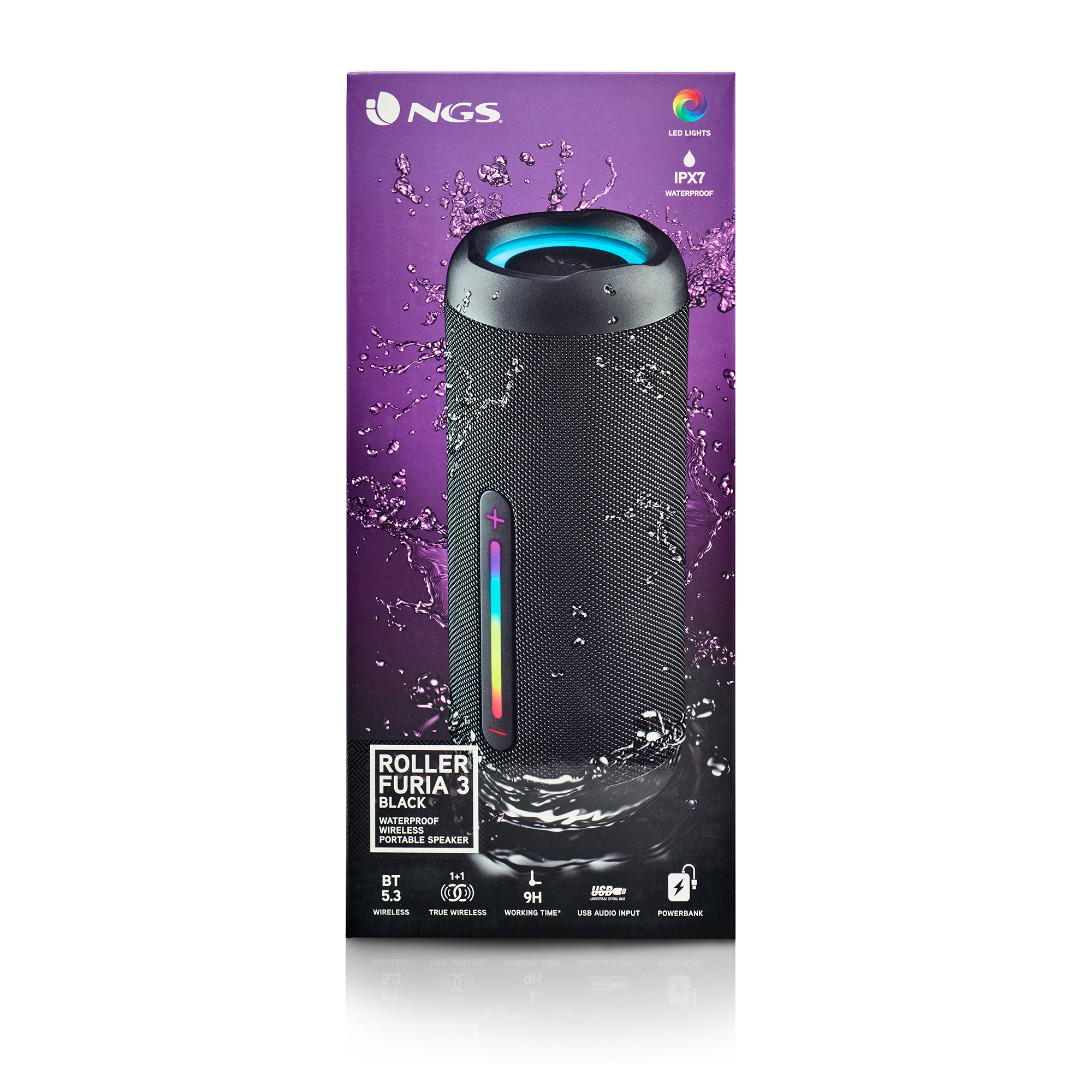 Altoparlante portatile nero con luci colorate, spruzzi d'acqua sullo sfondo. L'altoparlante ha del testo sopra.