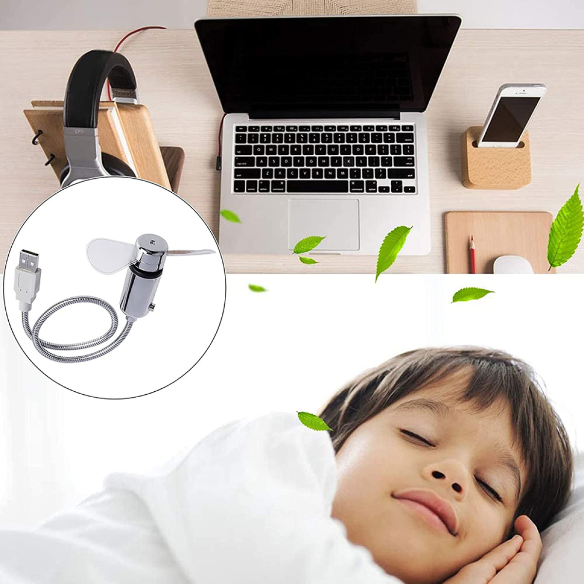Ein Junge schläft mit Blättern, Laptop, Telefon und Ventilator auf einem Holztisch.