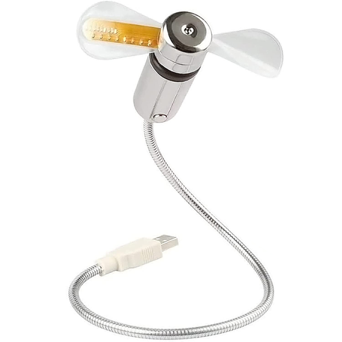 Kleiner USB-Ventilator mit silbernem Sockel und flexiblem Hals. Die Flügel sind weiß und transparent.