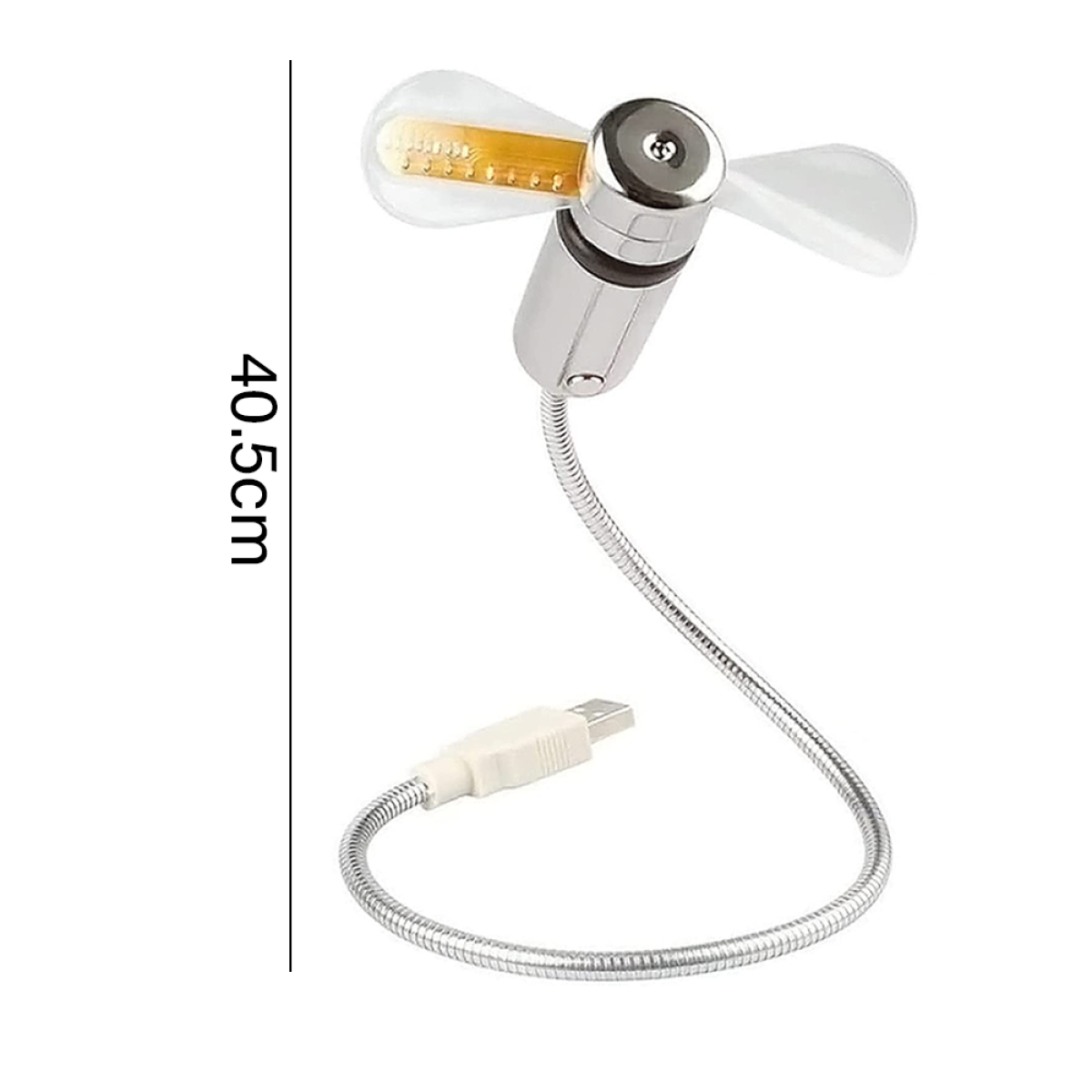 Kleiner USB-Ventilator mit flexiblem Arm. Rotorblätter sind transparent. Messung: 40,5 cm.