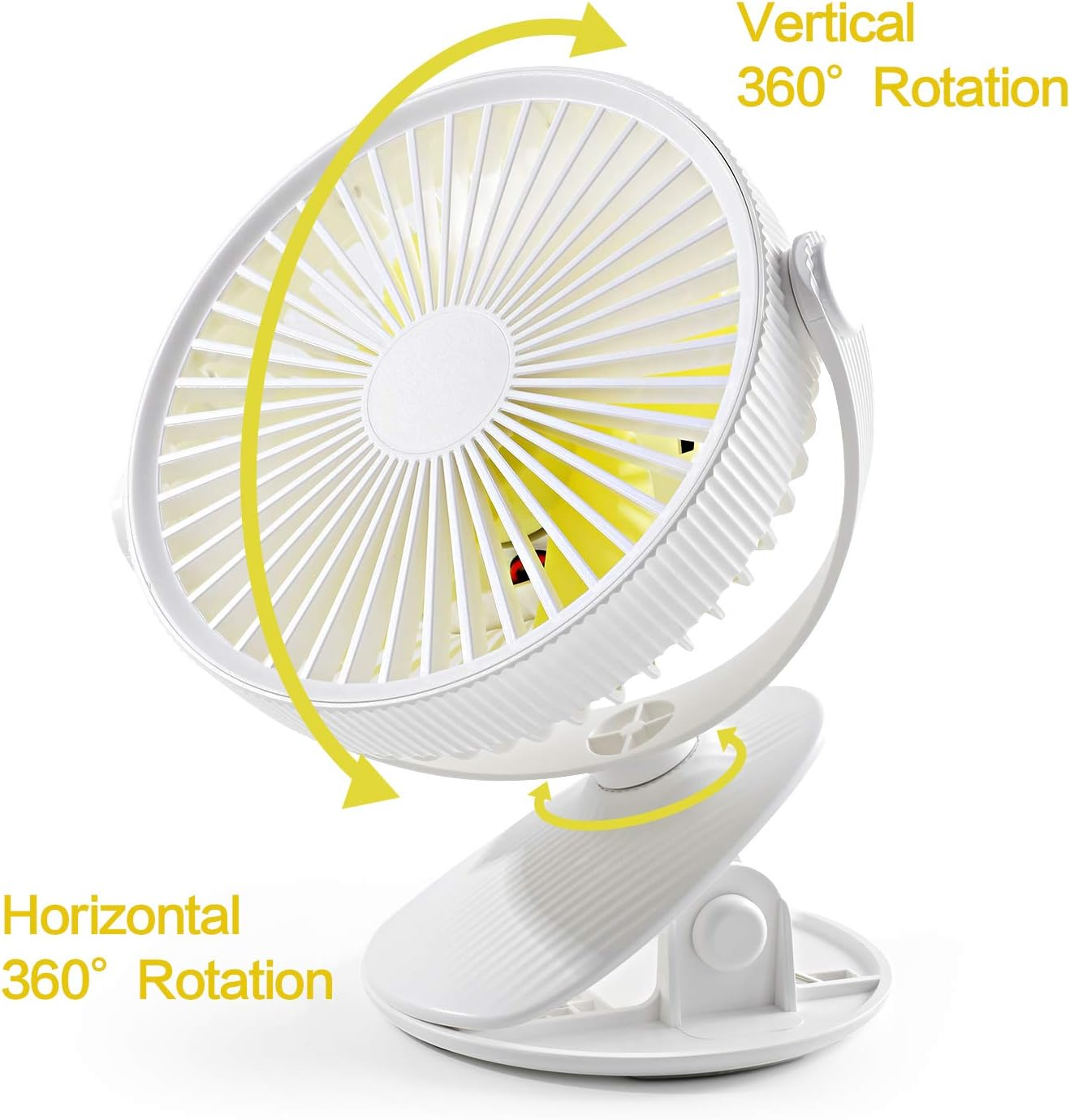 Ein weißer Ventilator mit Clip. Er zeigt vertikale und horizontale Drehung.