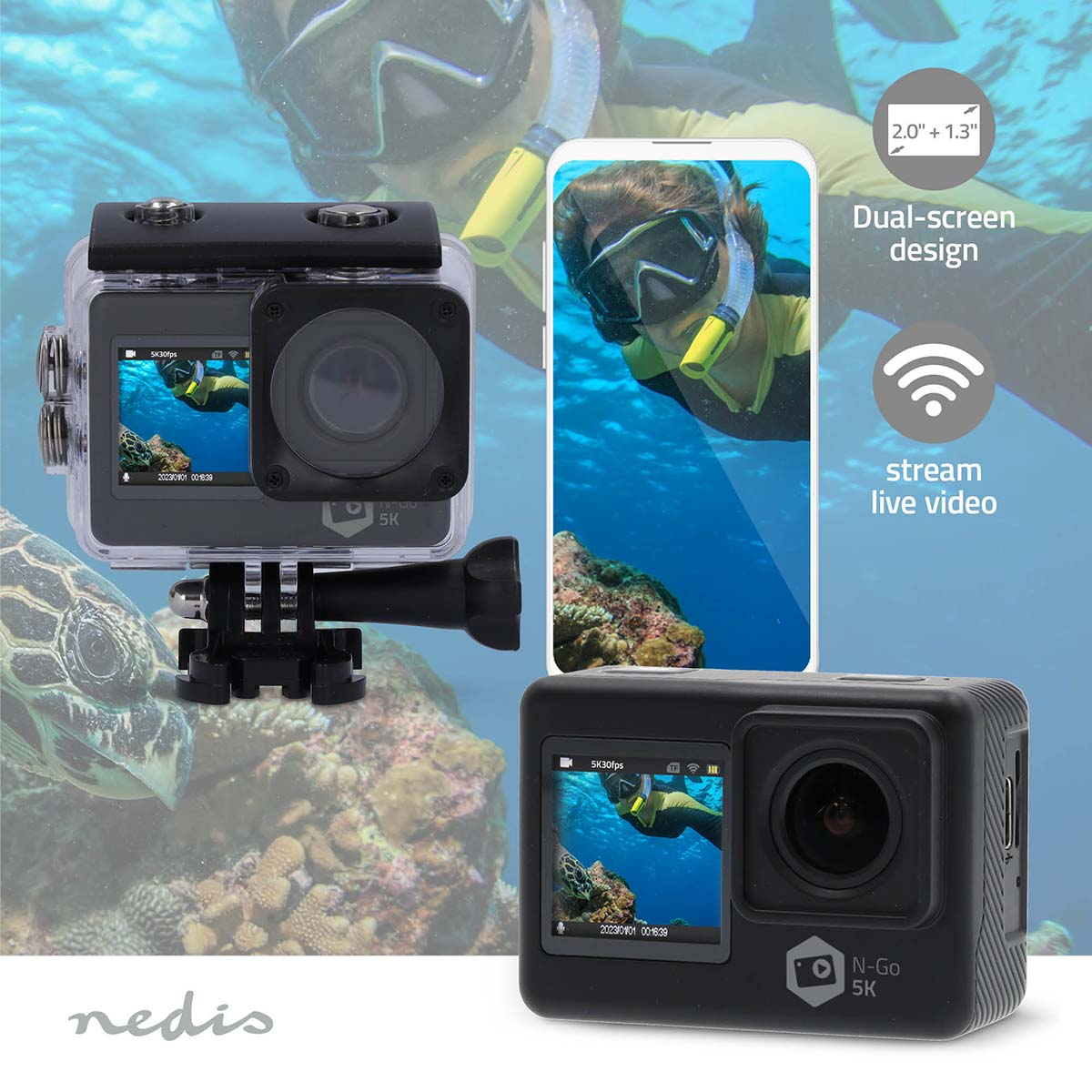ACTION CAMERA NEDIS ACAM71BK, 5K Ultra HD pixel, Stabilizzatore di immagini