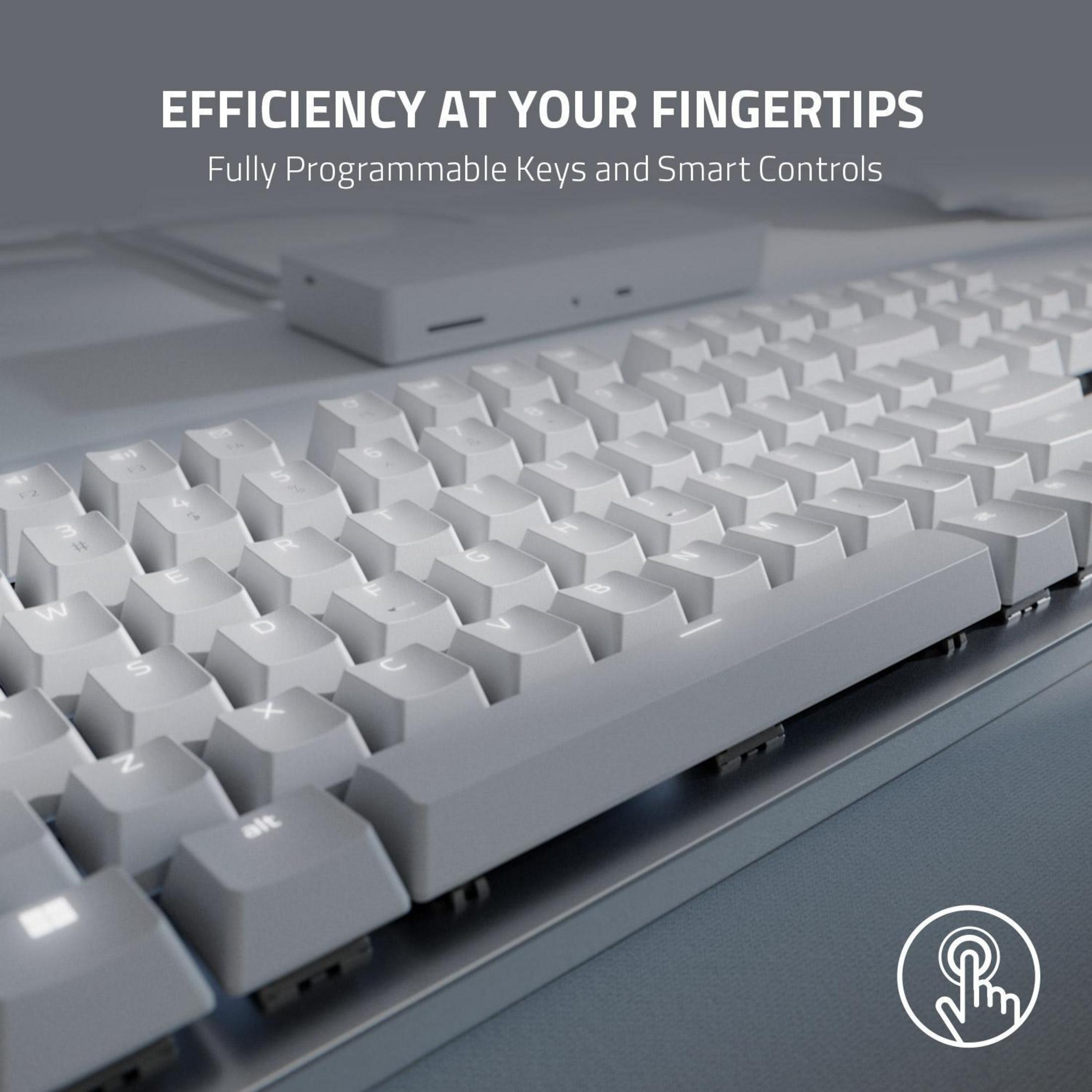 Nahaufnahme einer weißen mechanischen Tastatur mit einem Handsymbol.