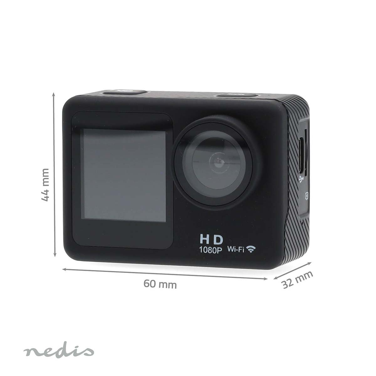 Schwarze Action-Kamera mit Bildschirm, Linse, HD 1080p Wi-Fi-Aufdruck und Maßen.