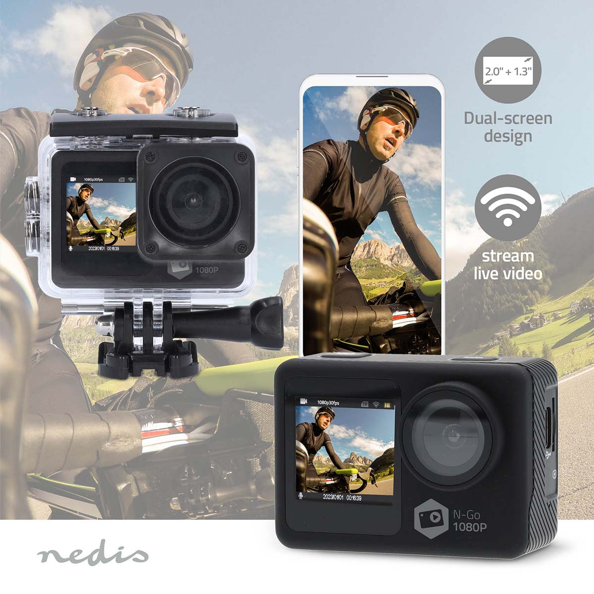 Action-Kamera mit Dual-Screen-Design, streamt Live-Video von Radfahrer.