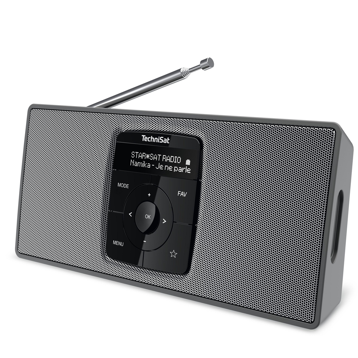 Czarno-szare radio z ekranem wyświetlającym tekst. Ma antenę i przyciski sterowania.