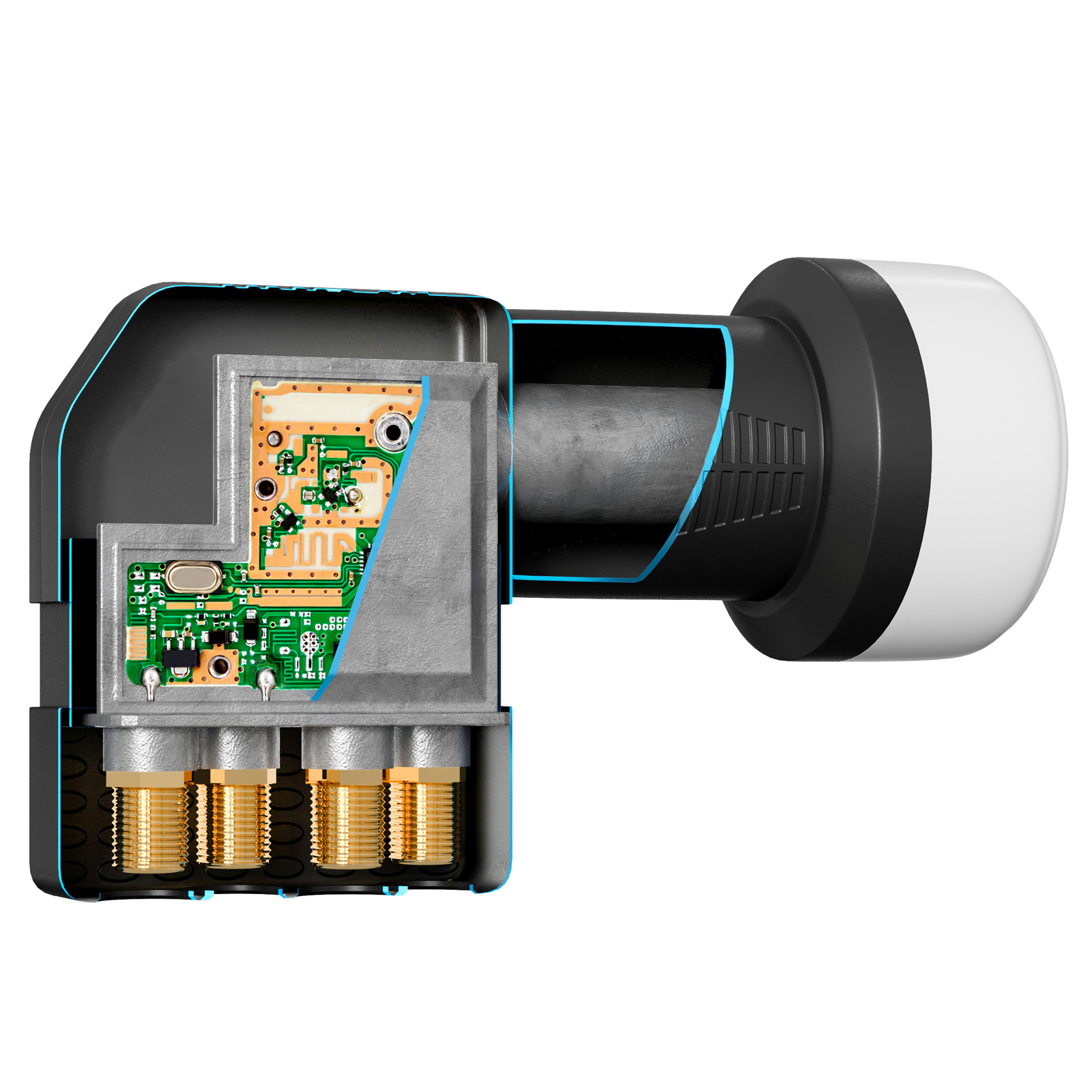 Satelliten-LNB-Schnitt mit Innenbauteilen. Schwarz und blau mit goldenen Anschlüssen.