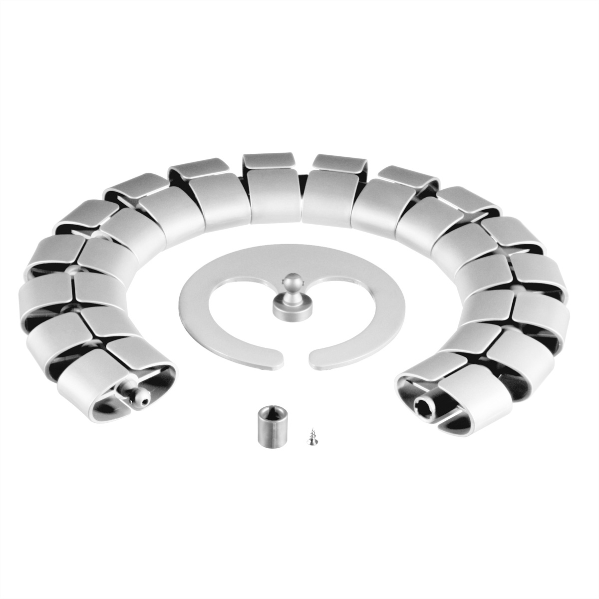 Silver cable organizer, with multiple pieces, on a white background.