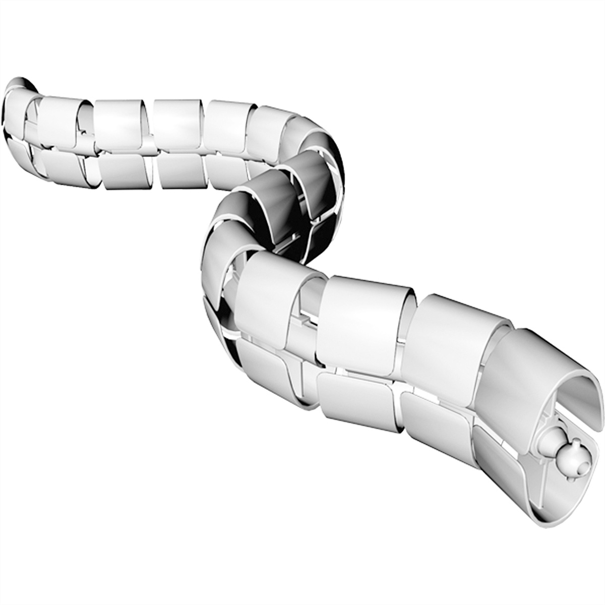 White, flexible cable organizer with a curved shape against a white background.