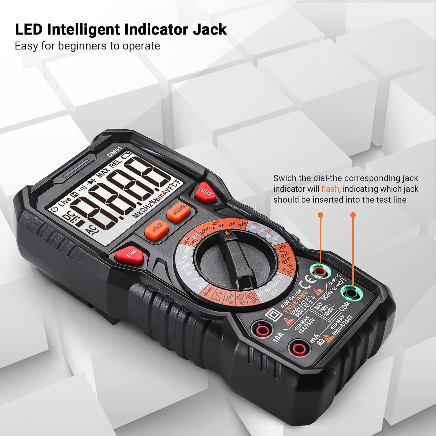 Multimeter mit Text: LED Intelligent Indicator Jack. Digitalanzeige zeigt 8.888. Schwarz-Orangenes Farbschema.