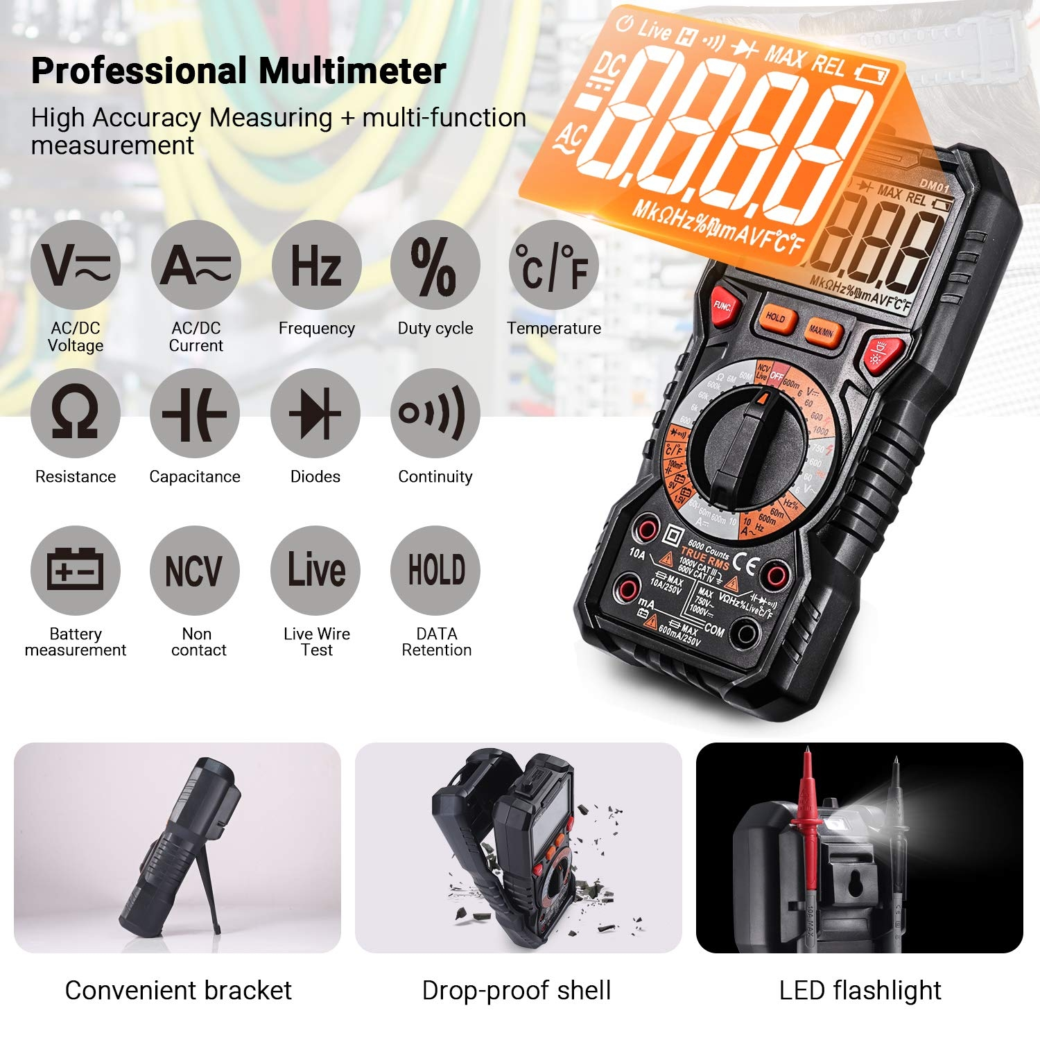 Ein schwarzes Multimeter mit verschiedenen Symbolen und digitaler Anzeige, Zubehör.