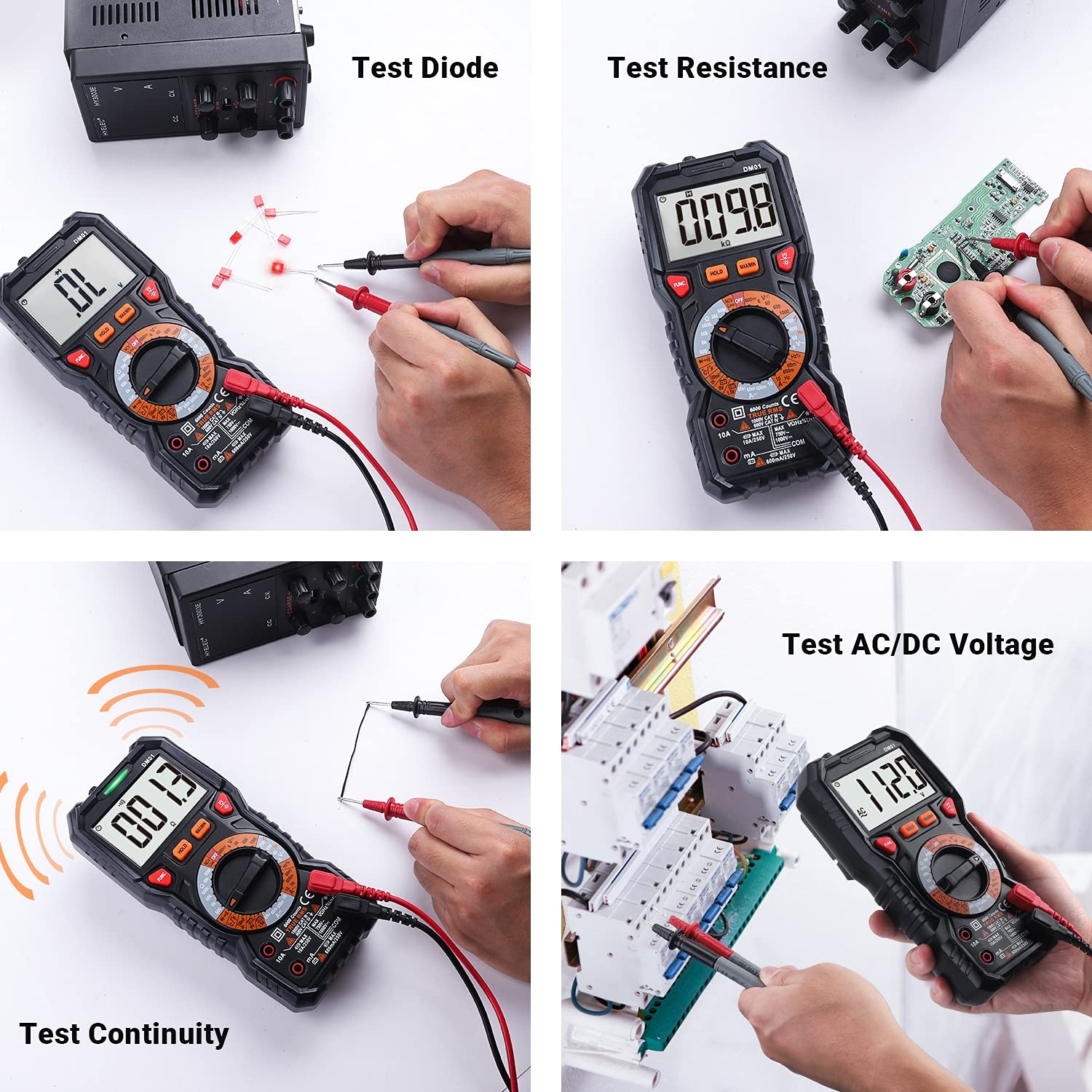 Vier Bilder eines Multimeters, das verschiedene Komponenten testet, darunter Diode, Widerstand und Spannung.