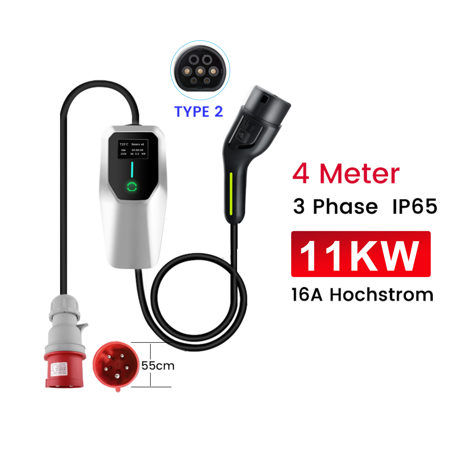 Ein EV-Ladegerät mit Typ-2-Stecker. Es zeigt Spannung, Strom und Leistung an. Text: 4 Meter, 11KW, 16A.