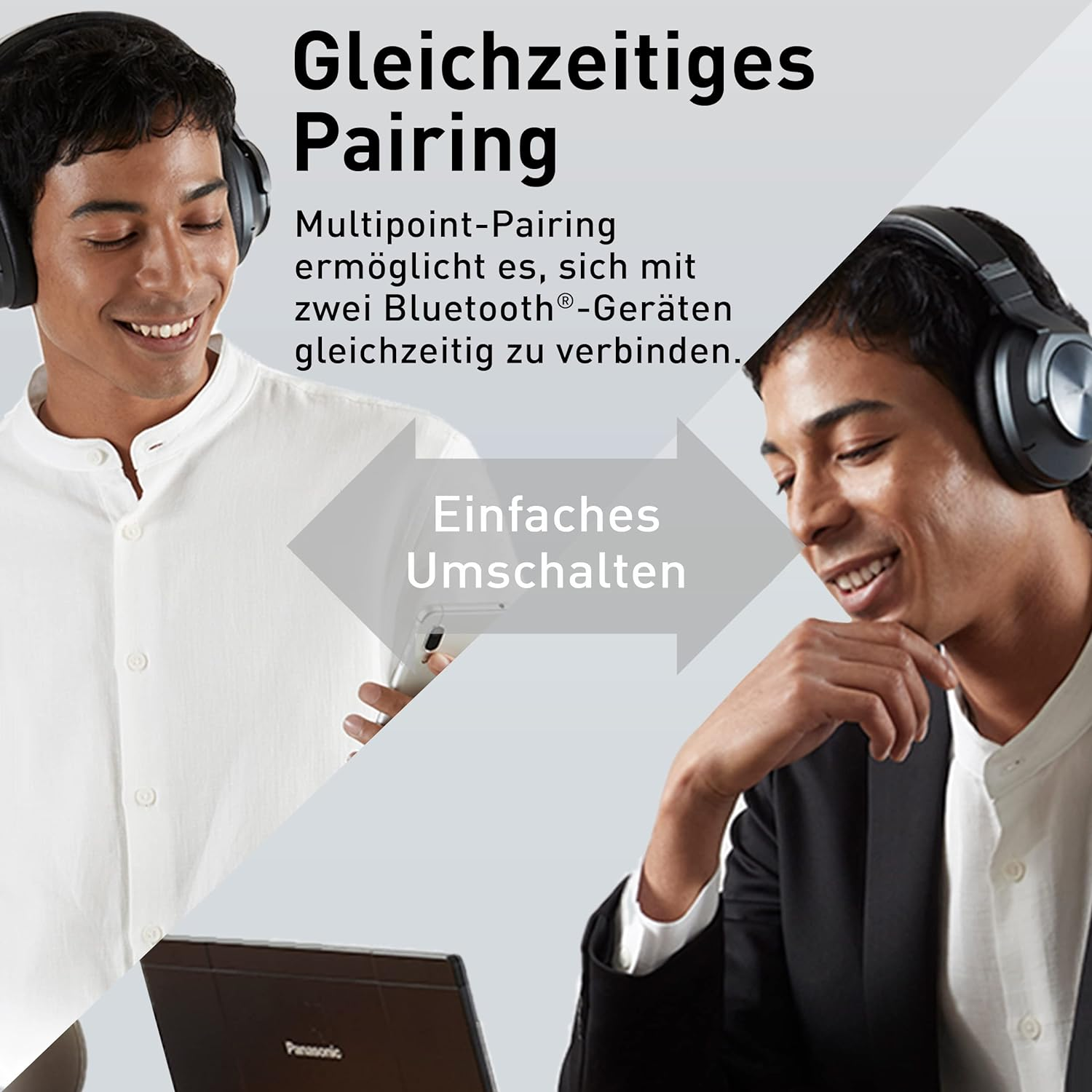 Zwei Männer mit Kopfhörern. Text: 'Gleichzeitiges Pairing' und 'Einfaches Umschalten' auf Deutsch.