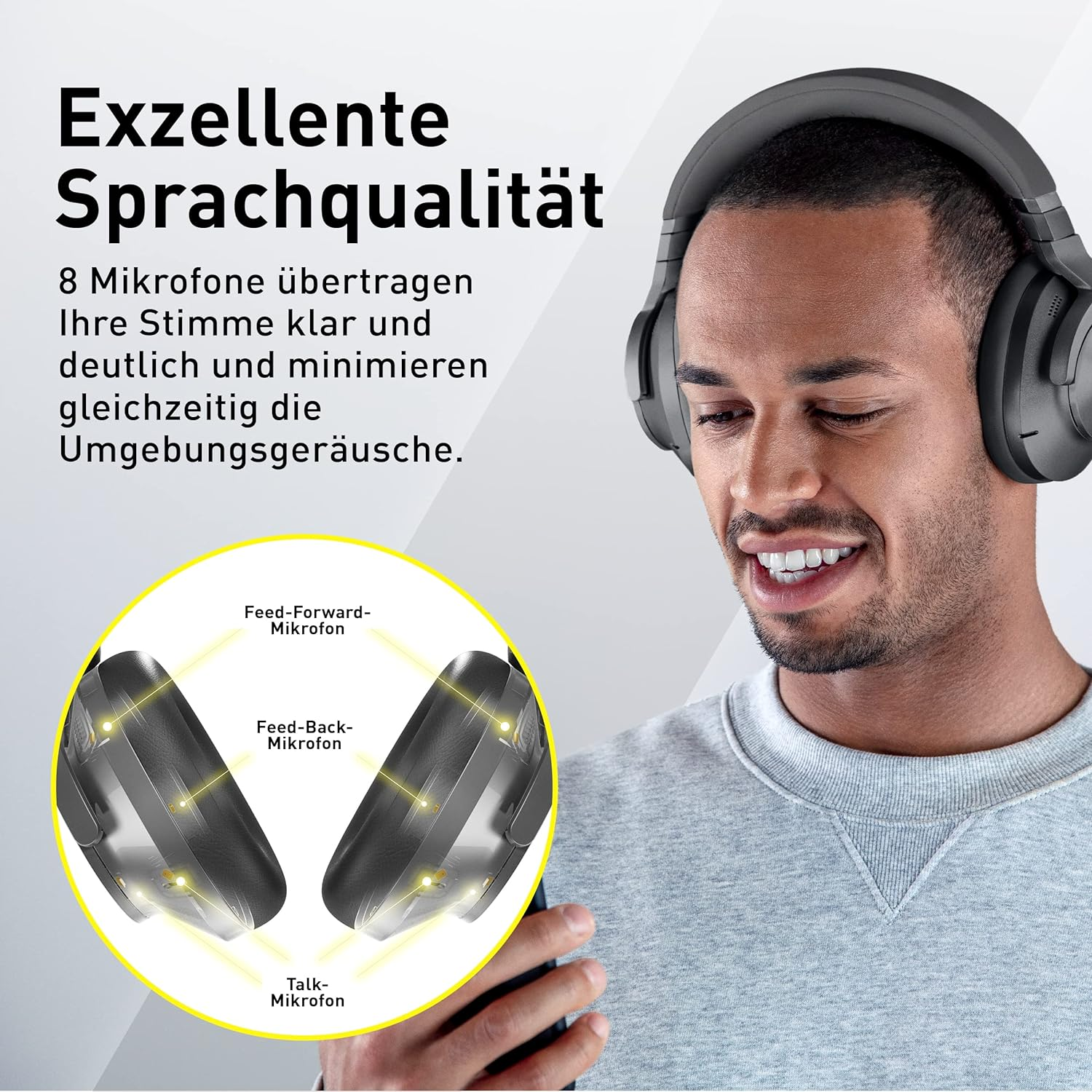 Mann mit Kopfhörern lächelt. Text hebt die Sprachqualität der Kopfhörer hervor.