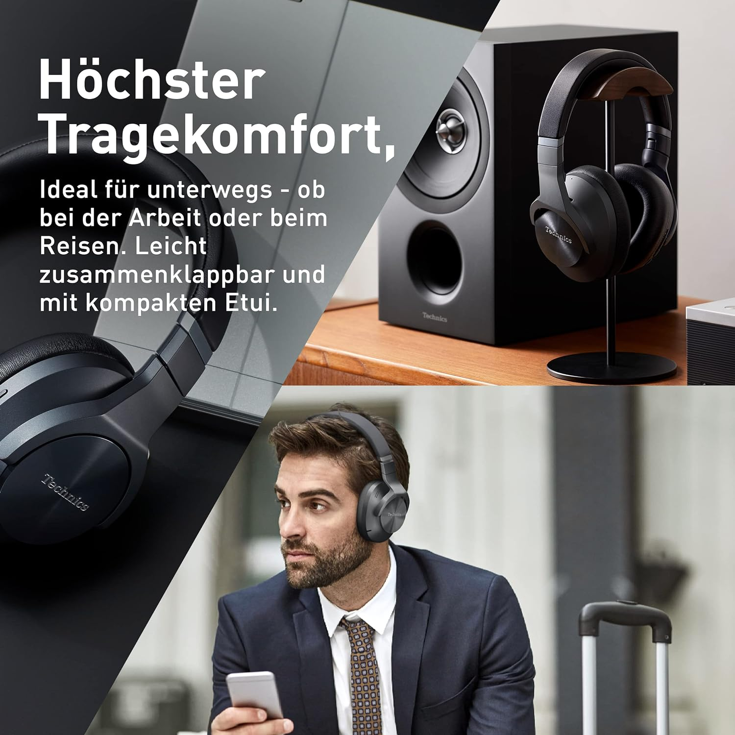 Ein Mann hört Kopfhörer und ein schwarzer Lautsprecher und Kopfhörer stehen auf einem Ständer.
