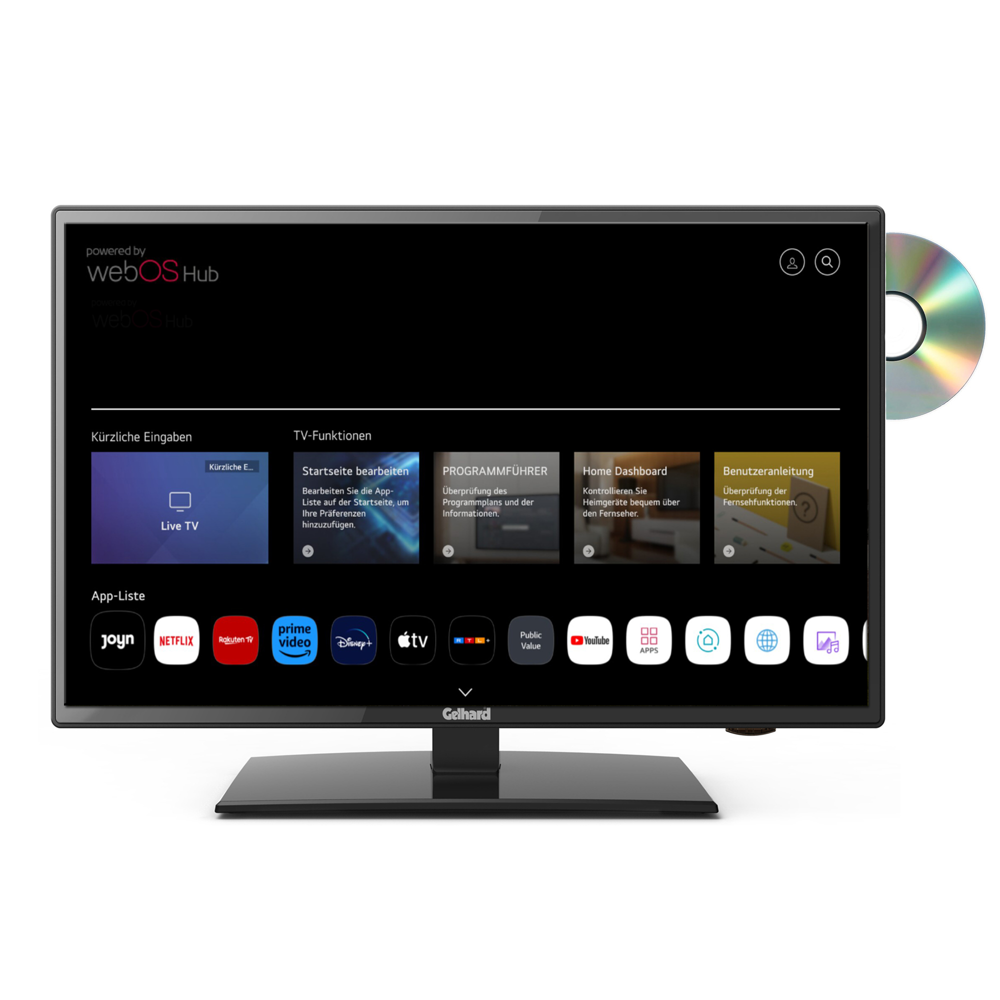 TV-Bildschirm mit Benutzeroberfläche mit Apps und Funktionen.