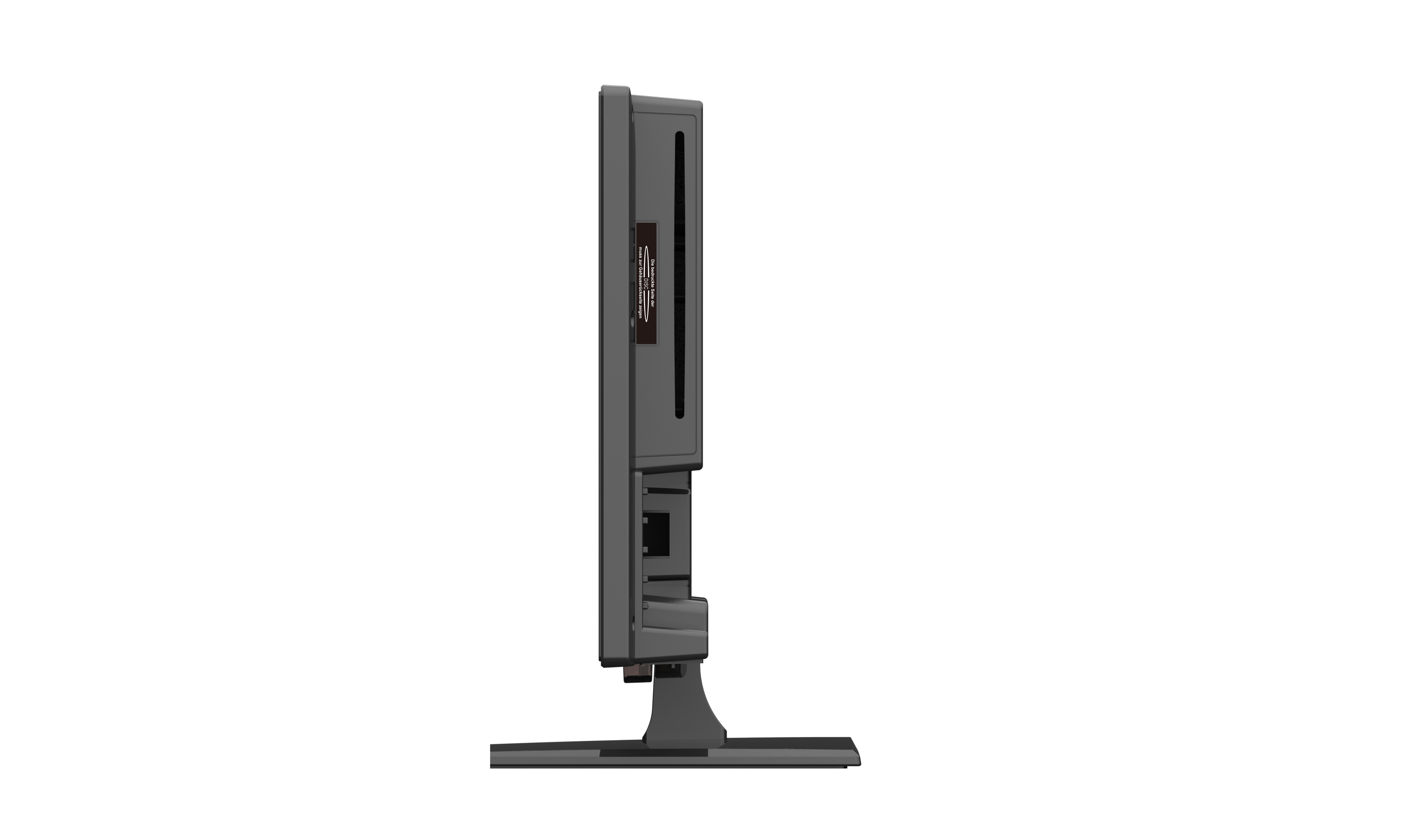 Seitenansicht eines Computermonitors. Es ist dunkelgrau und hat einen Ständer.