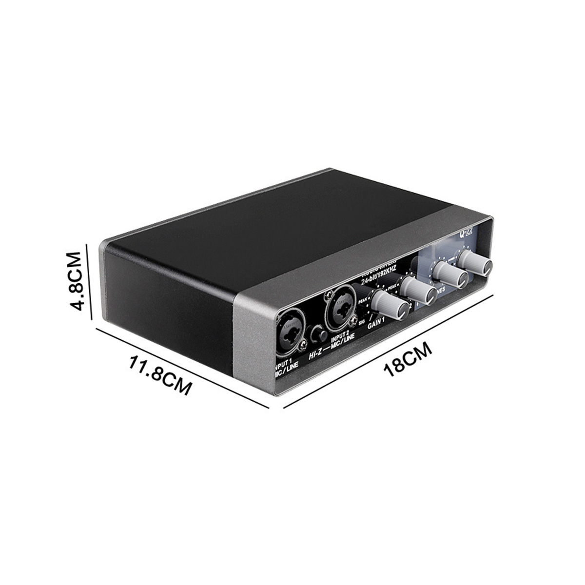 Ein schwarzes Audio-Interface-Gerät mit beschrifteten Abmessungen. Es hat Eingangs- und Ausgangsanschlüsse sowie Einstellknöpfe.