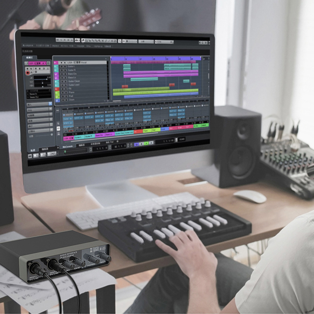 Person nutzt Tastatur und Audio-Interface mit einem Computer, der Musiksoftware anzeigt.