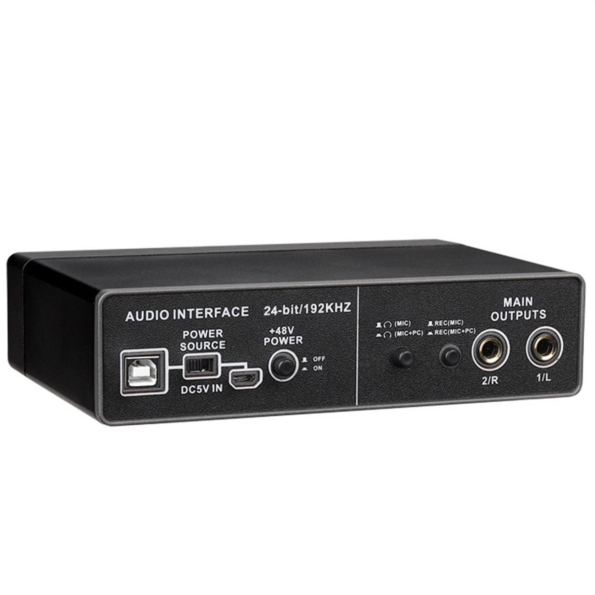 Schwarzes Audio-Interface mit Knöpfen und Anschlüssen. Text: Audio Interface 24-Bit/192 kHz. DC5V-Eingang.