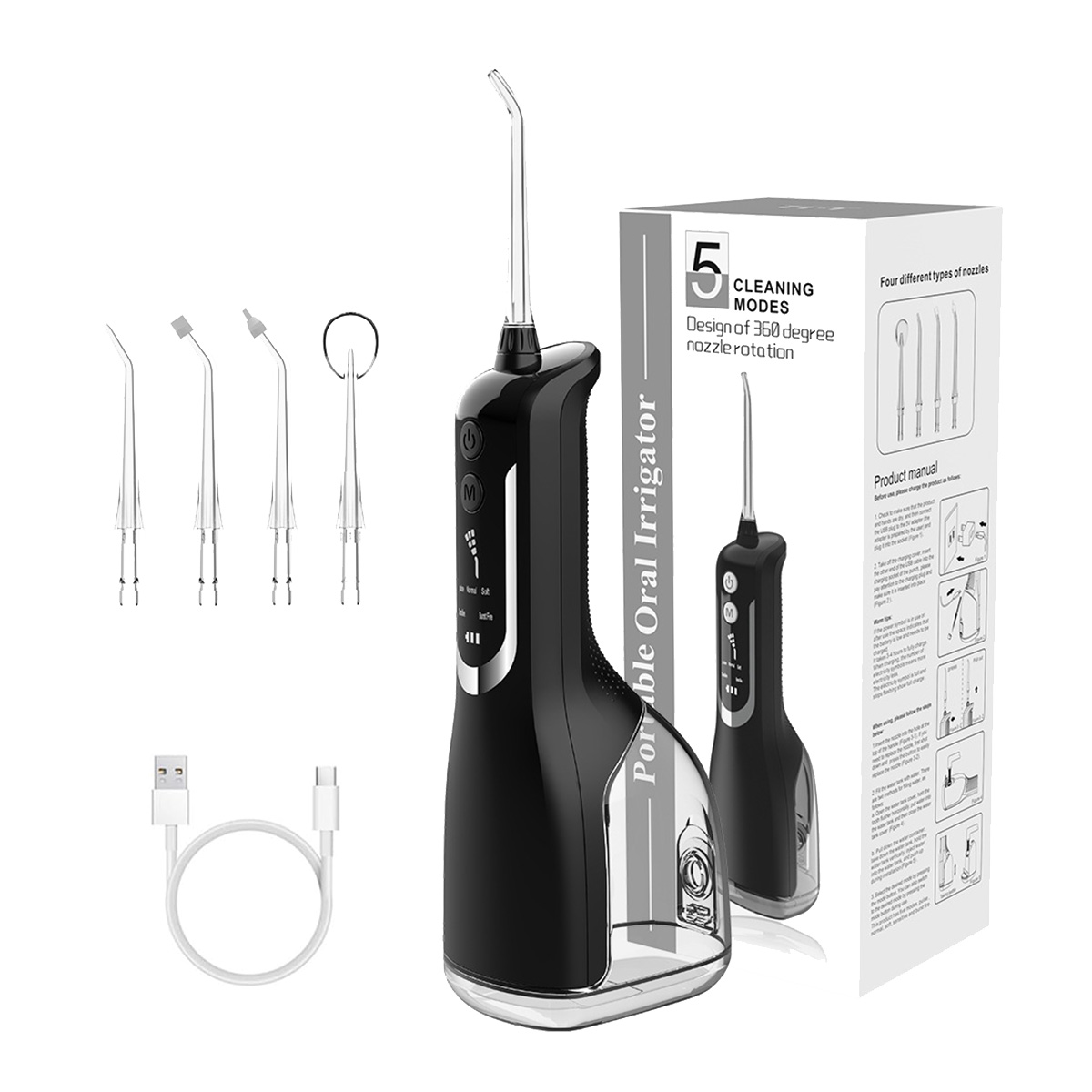 Ein schwarzer Wasser-Flosser und Zubehör werden angezeigt. Der Flosser und das Zubehör befinden sich auf weißem Hintergrund.