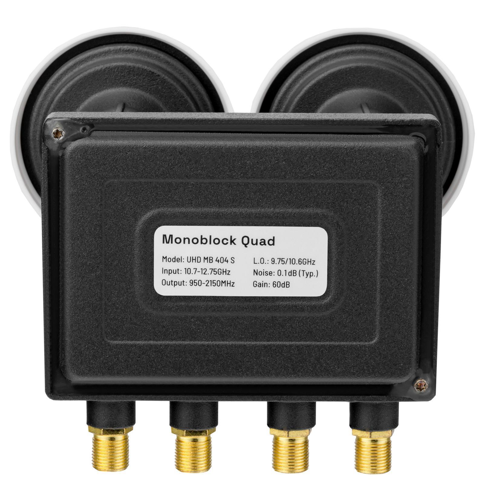 Monoblock Quad mit zwei weißen und zwei schwarzen runden Satellitenschüssel-Komponenten.