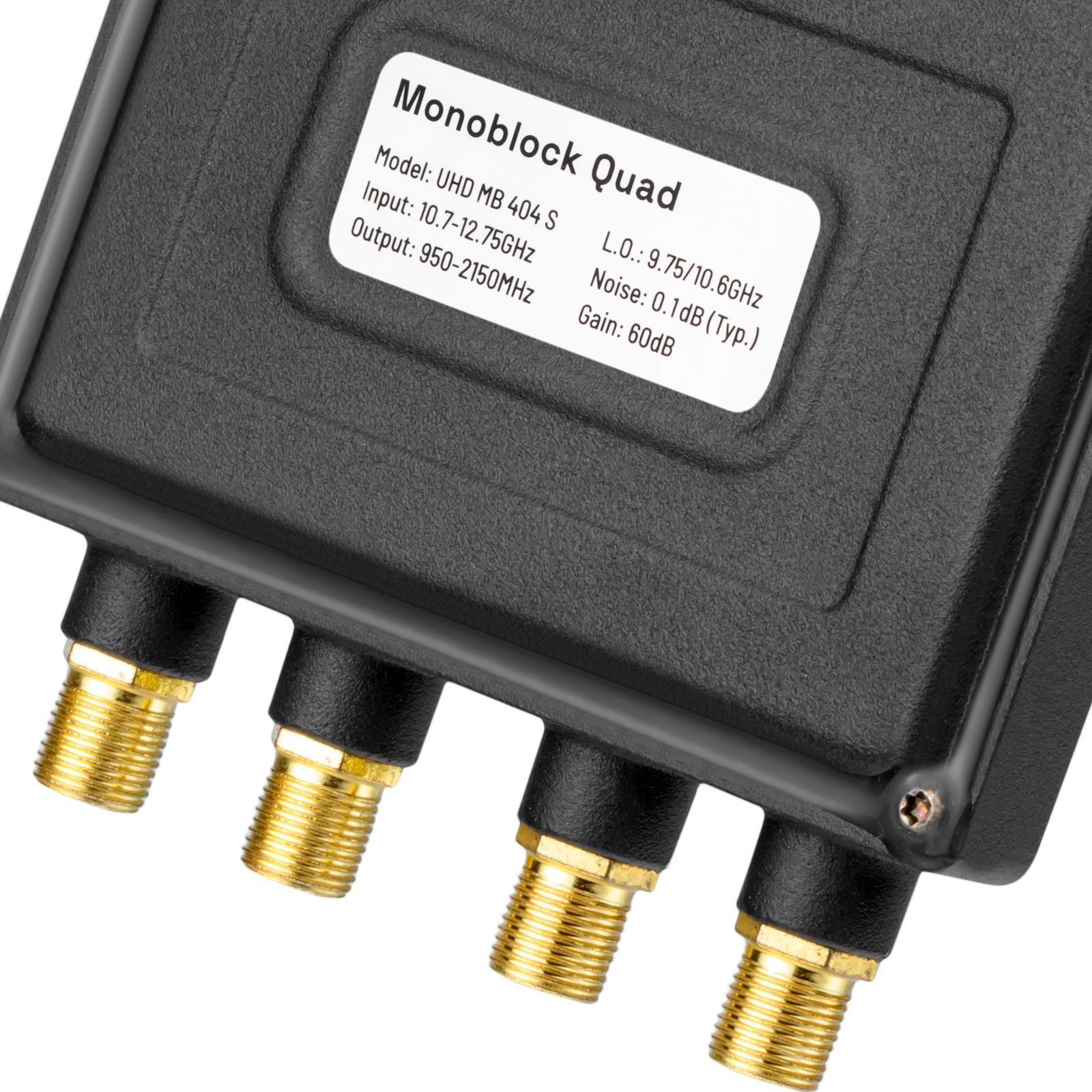 Ein schwarzes Quad-LNB mit goldenen Anschlüssen. Es hat ein Etikett mit Modell und technischen Details.