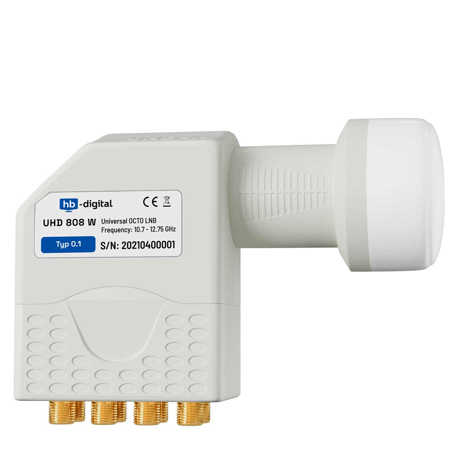 Weißes LNB-Gerät mit goldenen Anschlüssen und einer weißen Antenne. Das Gerät hat ein Etikett mit Informationen.