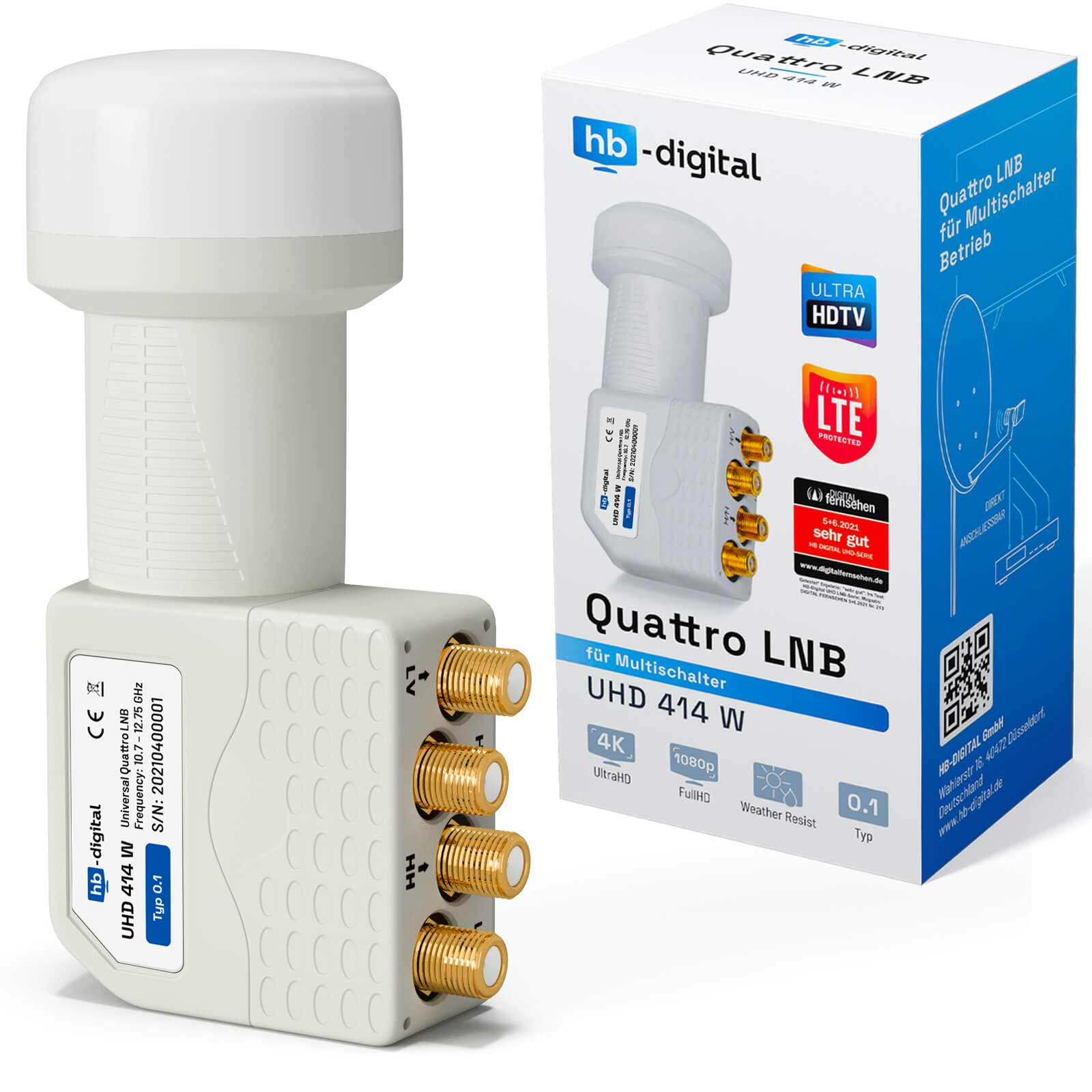 Ein weißer LNB-Satellitenempfänger mit einer Box, die die Produktmerkmale anzeigt.