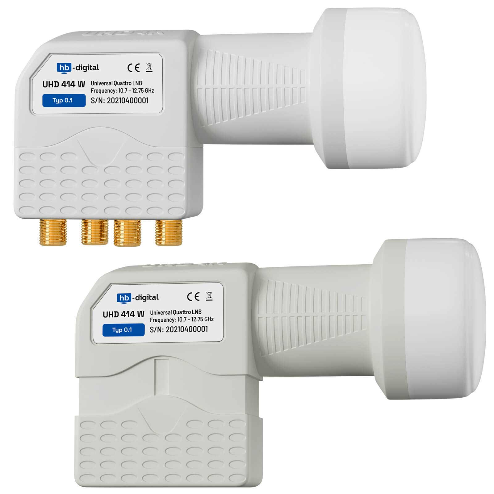 Zwei Satelliten-LNBs werden gezeigt. Beide haben das gleiche Design mit Anschlussports und Beschriftung.