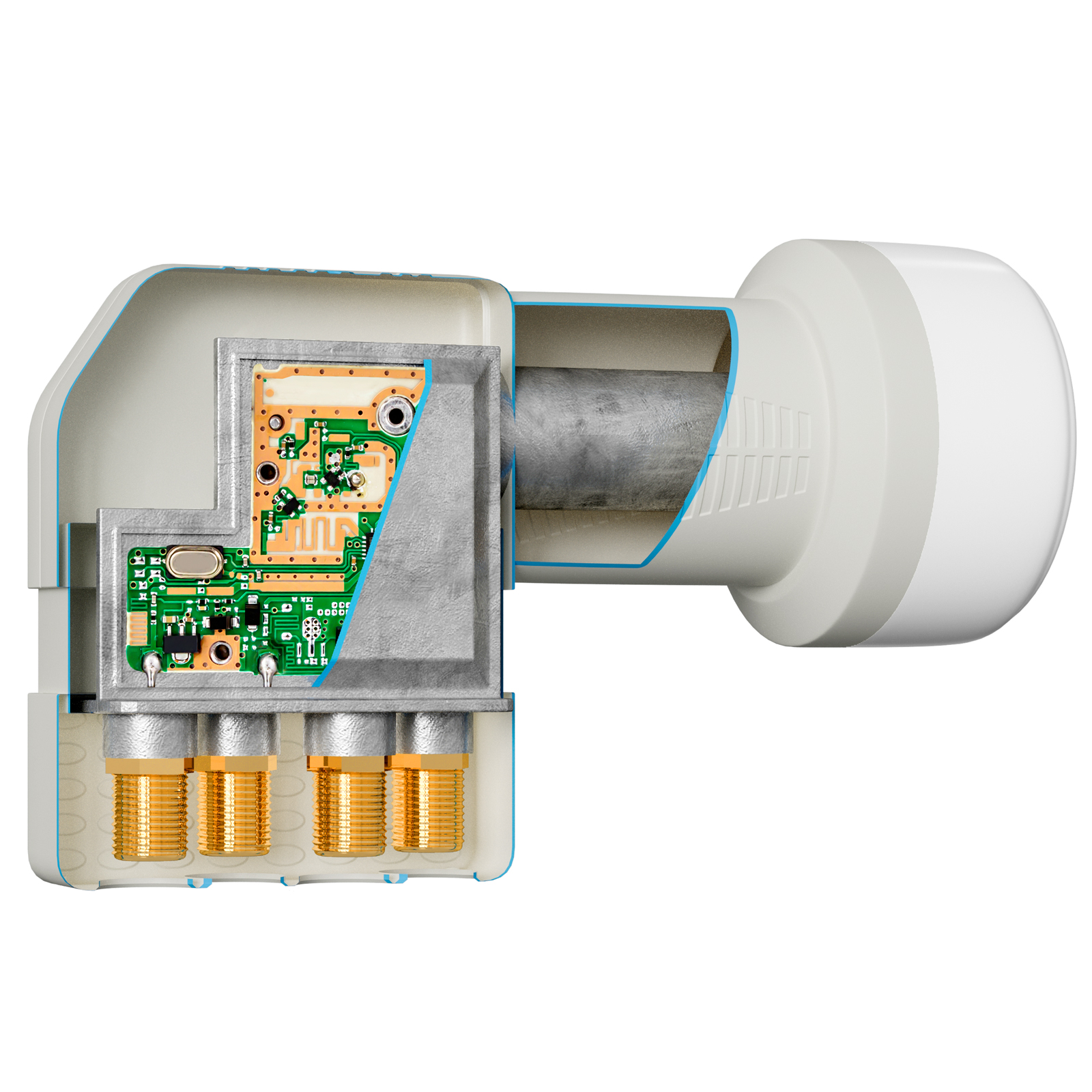Eine Schnittansicht eines Satellitenempfängers mit sichtbaren Schaltkreisen und Anschlüssen.