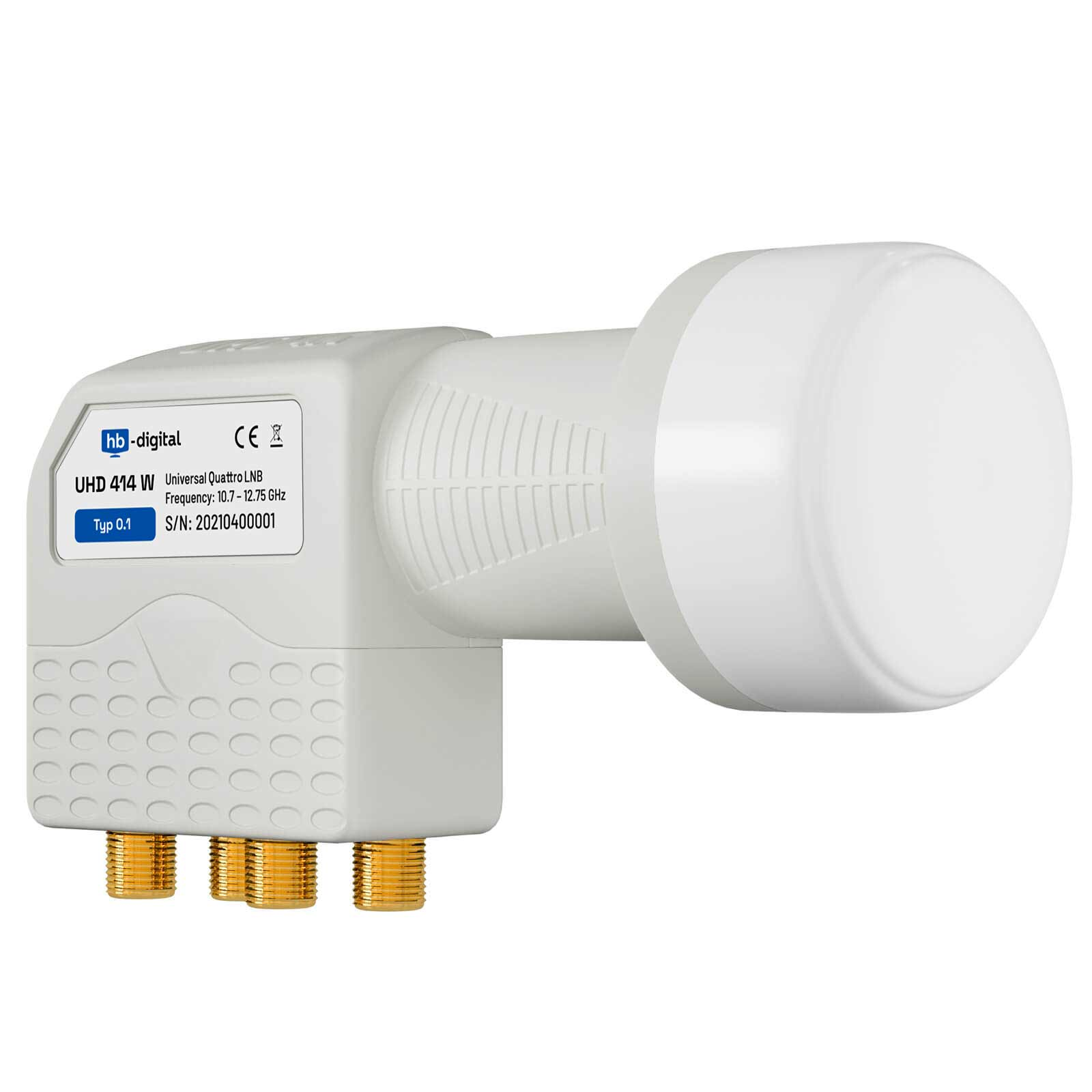 Ein weißes LNB mit weißer Endkappe und goldenen Anschlüssen, auf weißem Hintergrund.