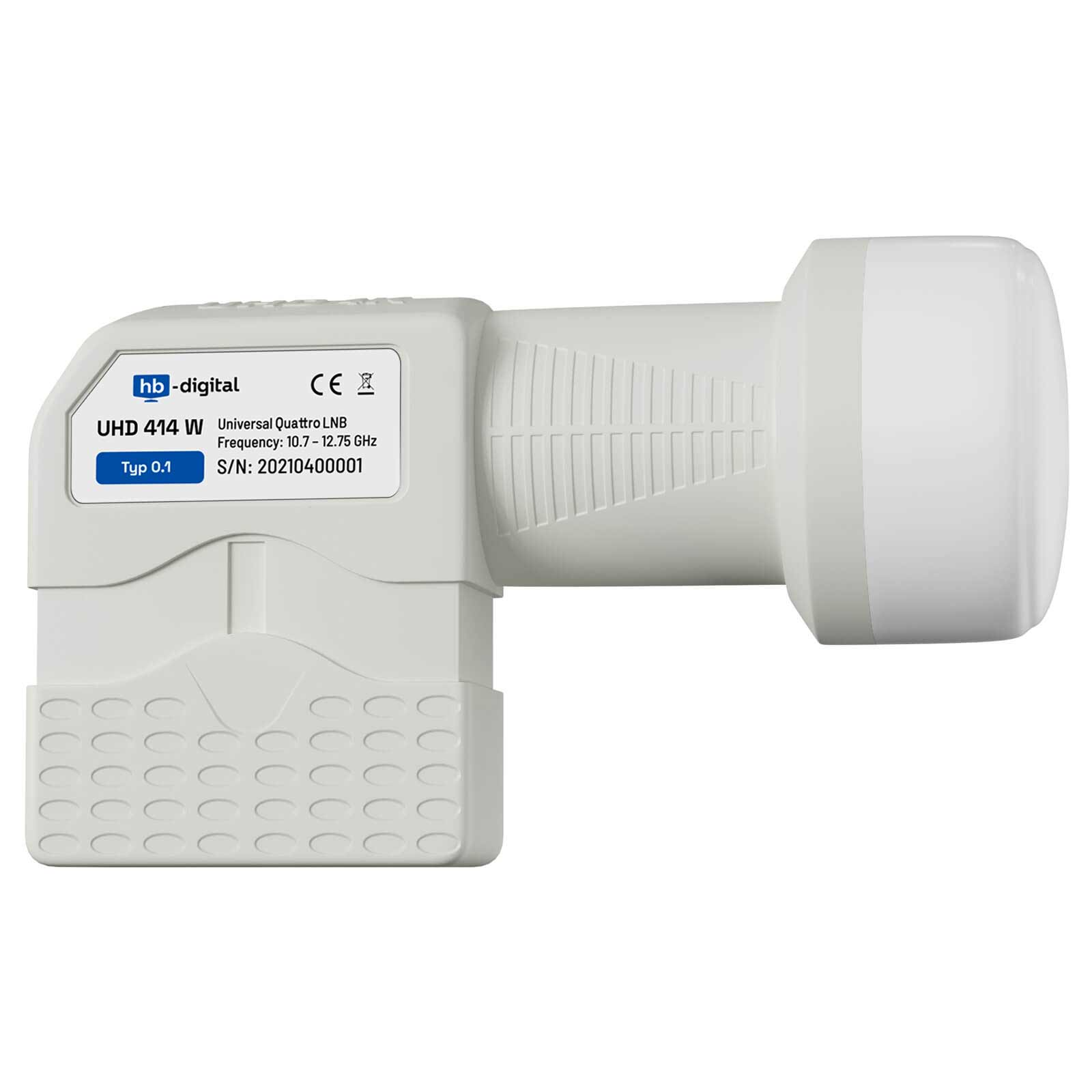 Ein weißer LNB-Empfänger mit weißem Stecker, der Produktdetails zeigt.