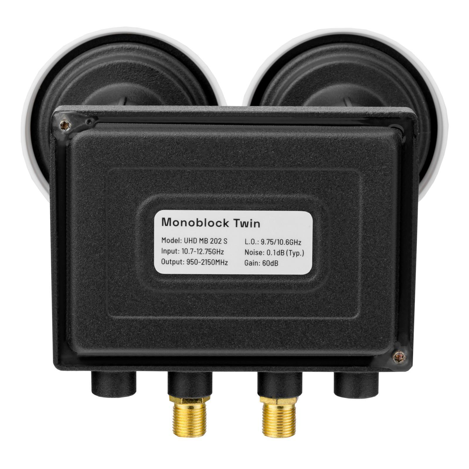 Monoblock Twin, ein schwarzes Gerät mit zwei Antennenanschlüssen und verschiedenen Etiketten.