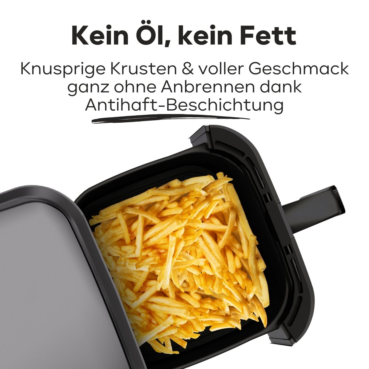 Frytkownica powietrzna z frytkami. Tekst: 'Bez oleju, bez tłuszczu'. Frytki wewnątrz otwartej frytkownicy.