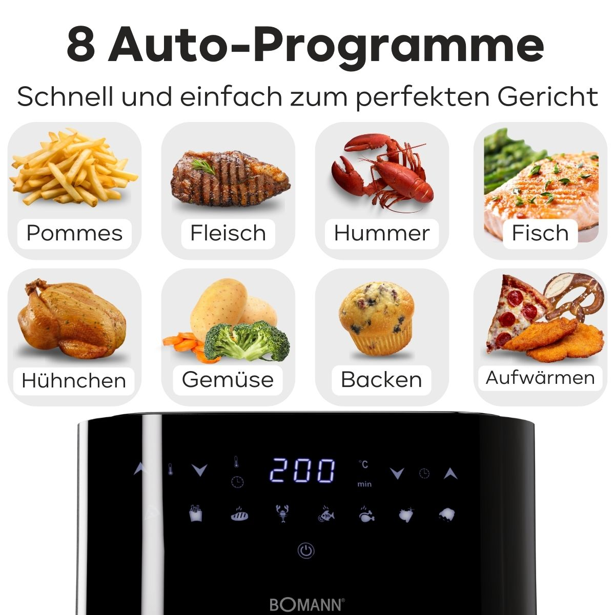 Frytownica powietrzna z 8 programami, pokazująca obrazy jedzenia i temperaturę.