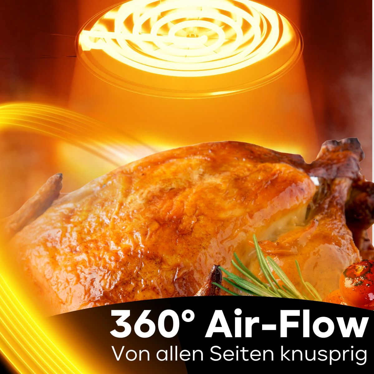 Pieczony kurczak w piekarniku z obiegiem powietrza 360°. Piekarnik ma górny element grzewczy.