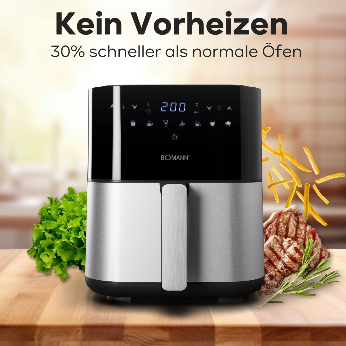 Frytownica powietrzna z jedzeniem i cyfrowym wyświetlaczem, na drewnianej powierzchni.