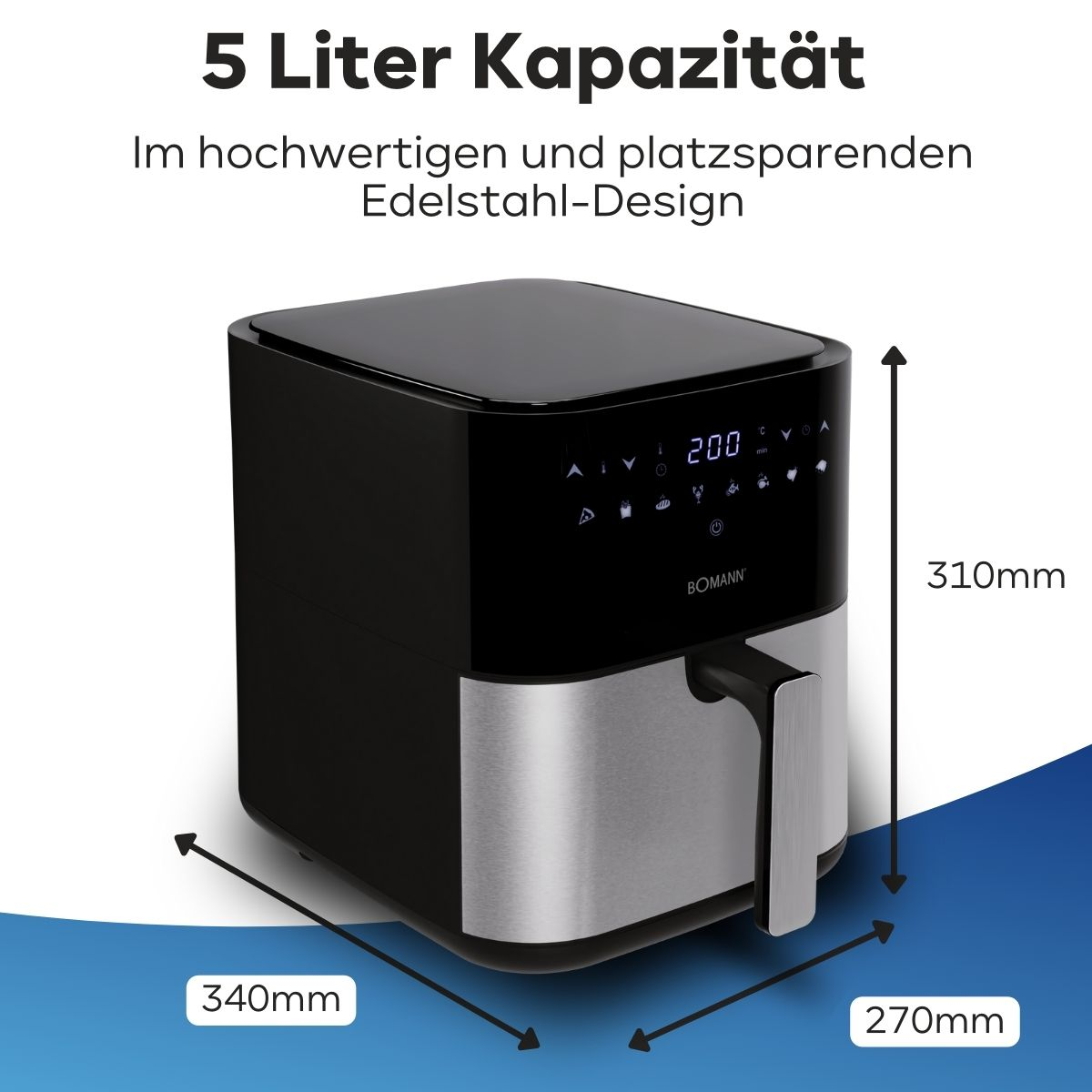 Czarna i srebrna frytkownica powietrzna. Wymiary: 340 mm szerokości, 270 mm głębokości, 310 mm wysokości. Tekst: 5 litrów.