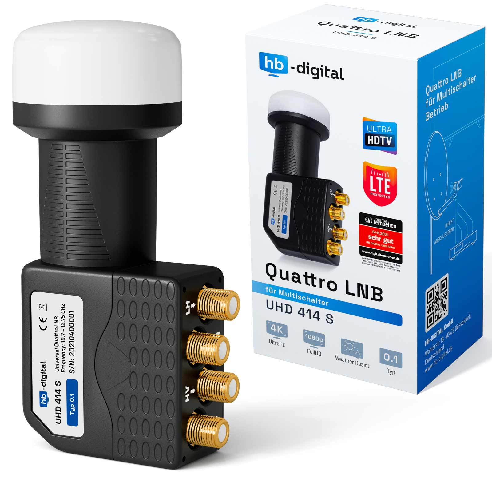 Schwarz-weiß LNB für Satellitenschüssel. Verpackungskarton rechts.