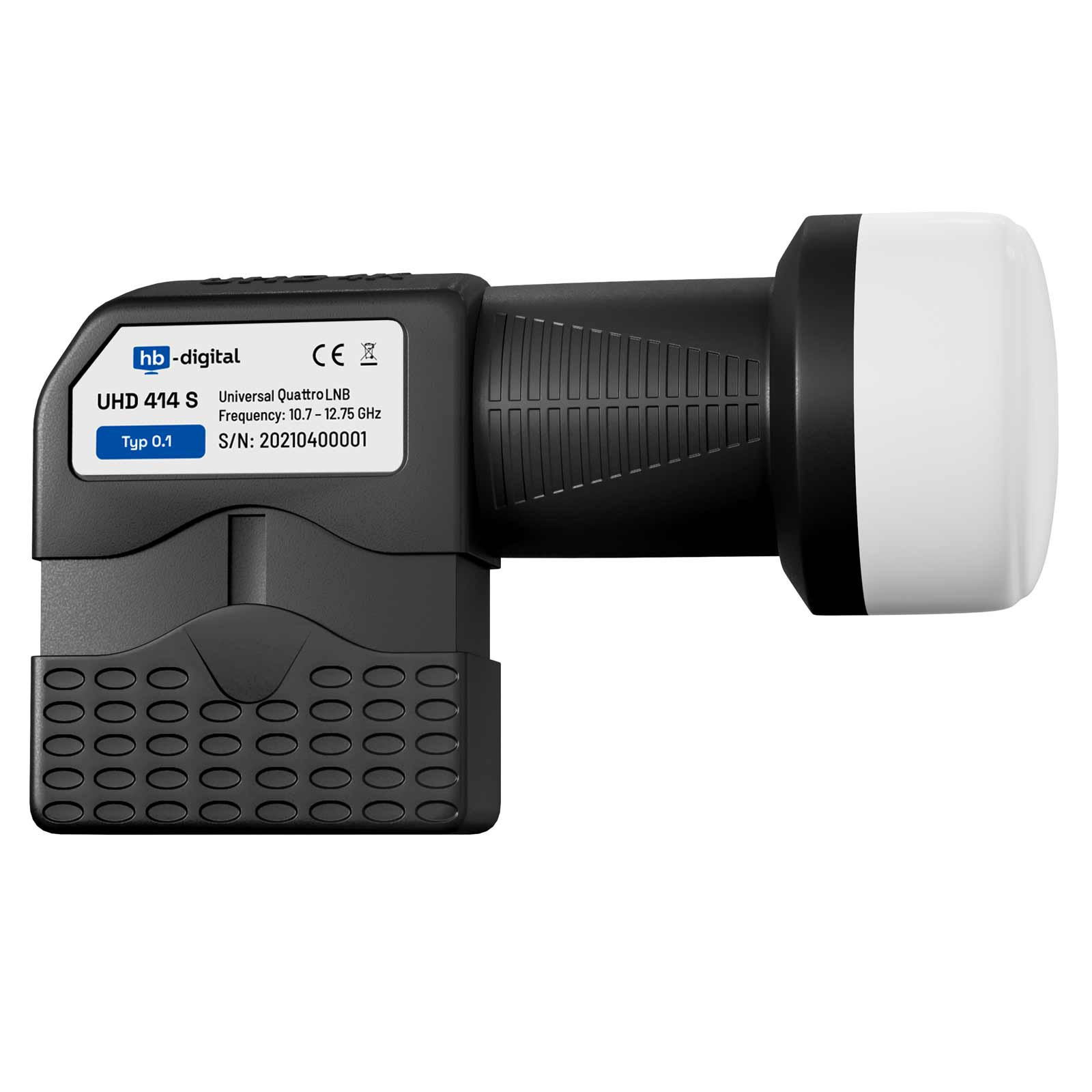 Schwarzes LNB mit Text und weißer Front. Es ist ein Universal Quattro LNB.