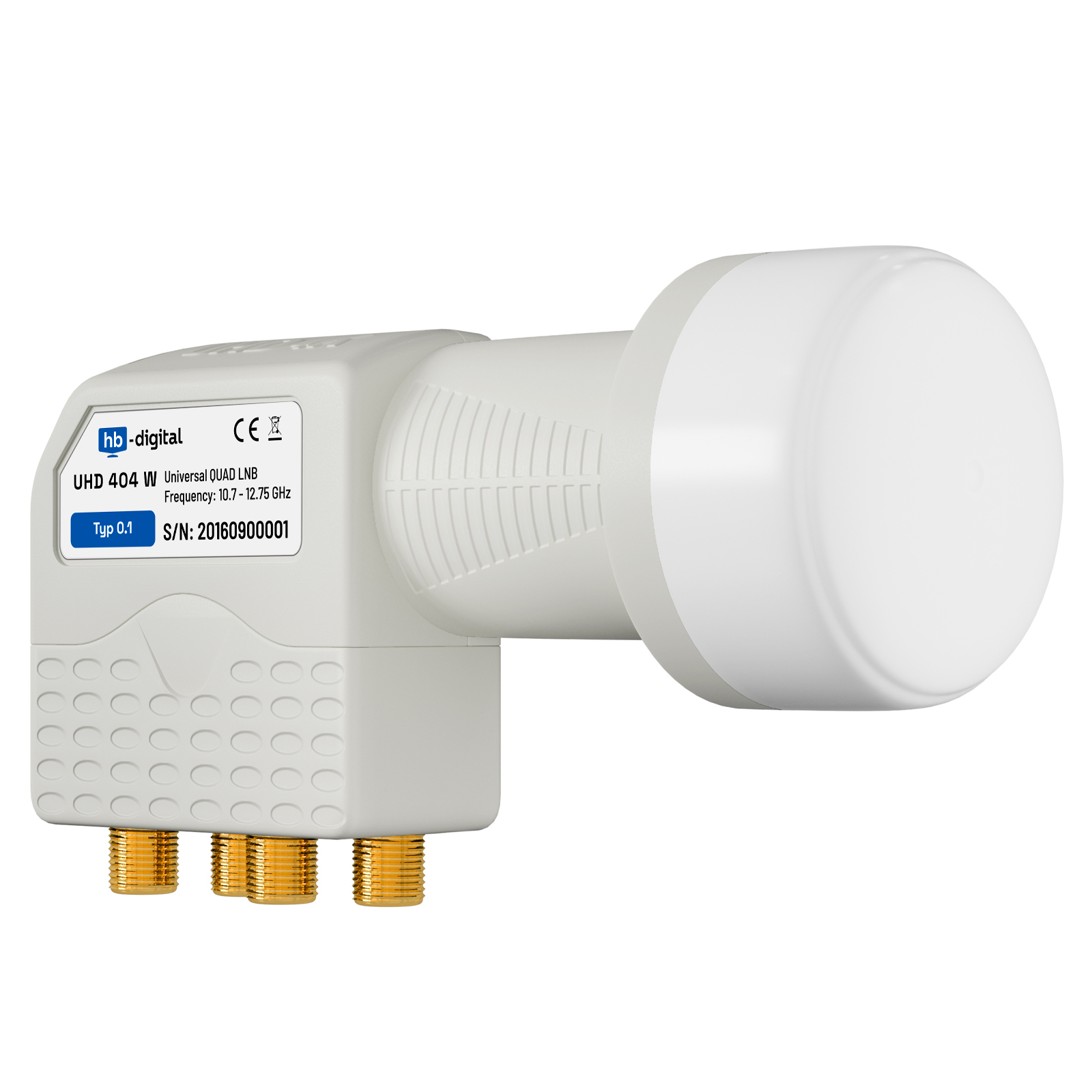 Ein weißer Satelliten-LNB-Empfänger mit mehreren goldfarbenen Eingangsanschlüssen.