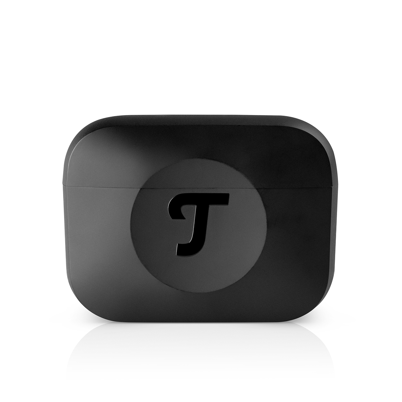 Zwarte, rechthoekige oplaadcase voor oordopjes met het Teufel-logo in het midden. Glanzend, minimalistisch ontwerp.