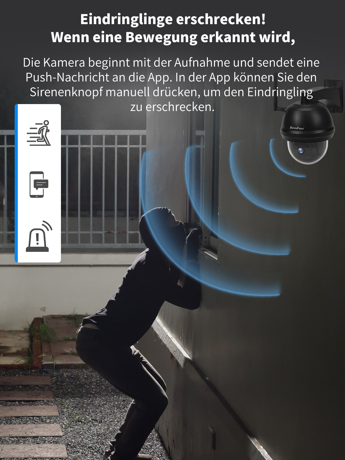 Sicherheitskamera-Bild mit Text zum Auslösen einer Push-Benachrichtigung für Eindringlinge.