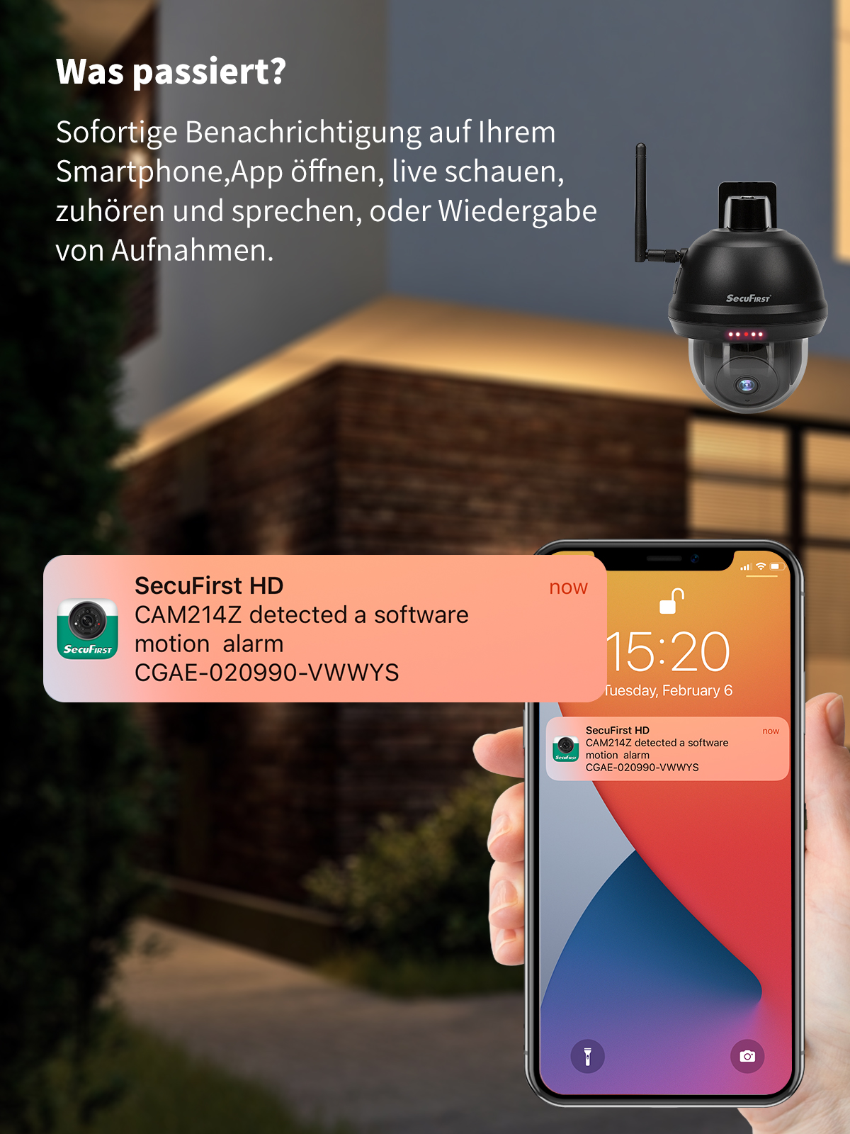 Smartphone zeigt Sicherheitswarnung von SecuFirst HD und eine Überwachungskamera.